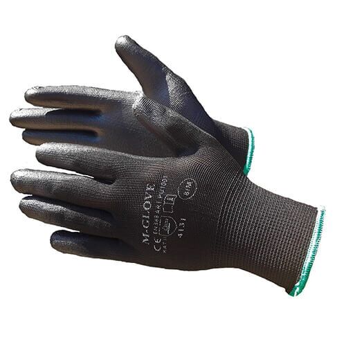 V000194 Megztos nailoninės pirštinės aplietos PU, juodos (12 porų) - Image 1