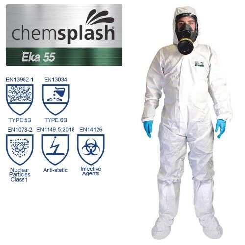 2626 CHEMSPLASH EKA 55 COVERALL TYPE 5B 6B WITH FEET 01-500x500 Vienkartinis neperšlampamas kombinezonas EKA 55 2626 su pėdom, 5B/6B, balta, XXXL - Image 1