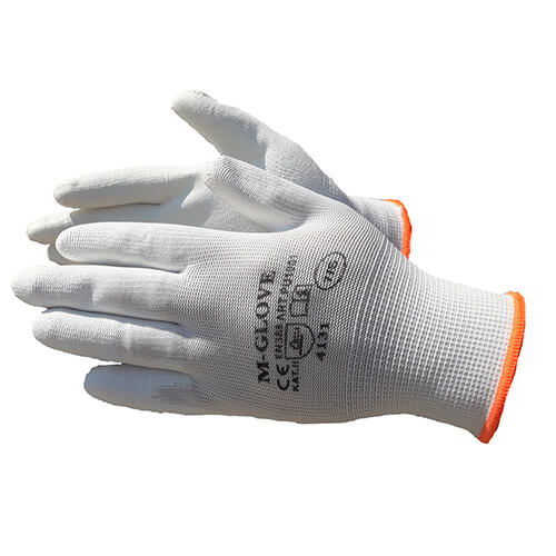 Megztos nailoninės pirštinės aplietos PU, baltos (12 porų) - Image 1