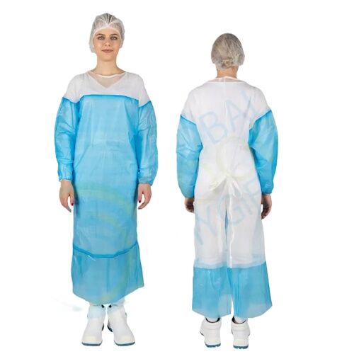 Vienkartinis apsiaustas KOSMO PP/PE, su raištukais, melyna/balta, XXL (1vnt) - Image 1