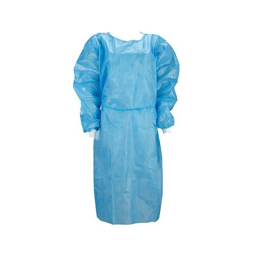 Medicininis neperšlampamas chalatas PP+PE, laminuotas, su rankogaliais, užrišamas nugaroje, mėlynas (1vnt) - Image 1