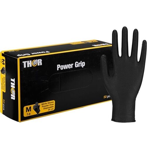 Thor power grip 1 Abena THOR Power Grip nitrilinės vienkartinės pirštinės, labai stiprios, 6.5g, juodos M/L/XL/XXL (50vnt) - Image 1