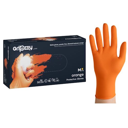 grizzm5 Zarys Gripzzly nitrilinės vienkartinės pirštinės, super stiprios, 8,5g., oranžinės, S/M/L/XL/XXL (50vnt) - Image 1