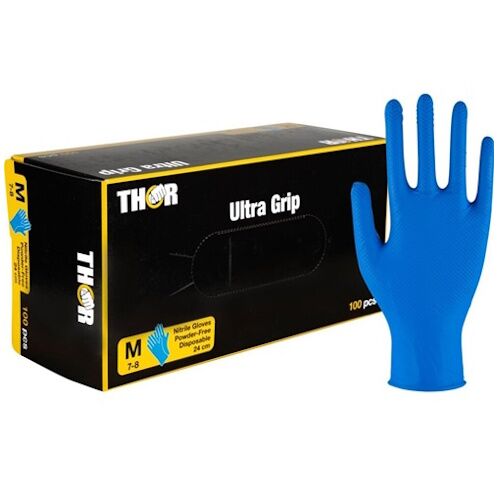 Thor ultra grip 1 Abena THOR Ultra Grip nitrilinės vienkartinės pirštinės, labai stiprios, 6.5g, mėlynos M/L/XL/XXL (100vnt) - Image 1